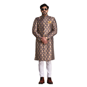 Handmade Navy Blue Golden Brocade Achkan - Regal | Jaipurio